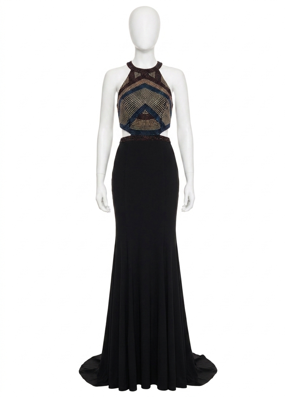 NEW RACHEL ALLAN beaded jersey evening gown in black